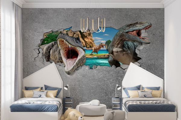 Фотошпалери 3D динозаври на сірому тлі