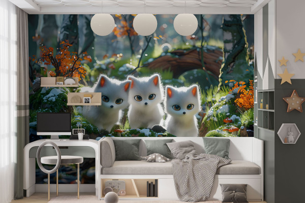 Фотошпалери дитячі 3D милі білі лисенята.