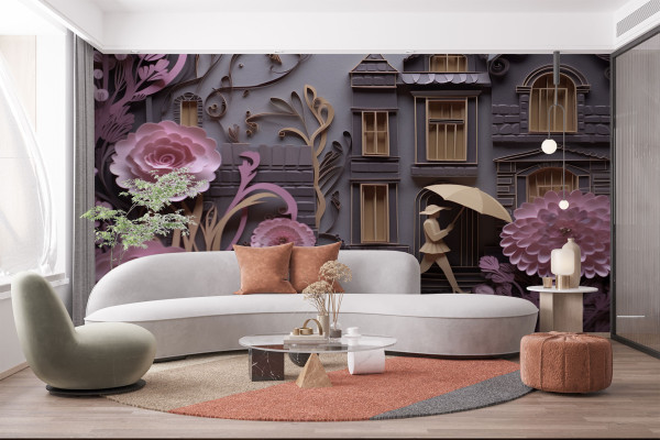 Фотошпалери 3D абстракція. Квіти, будинки та люди.