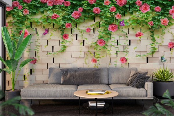 Фотообои 3D кирпичная стена с цветами