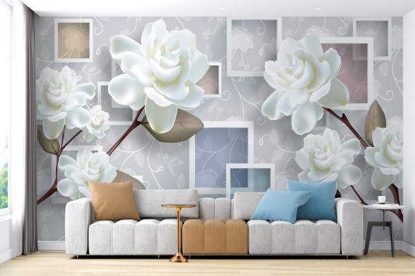 Фотообои 3D композиция белые розы и квадраты