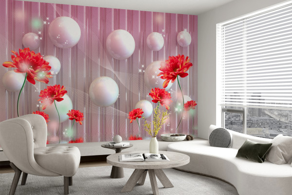 Фотообои 3D композиция красные хризонтемы и шары