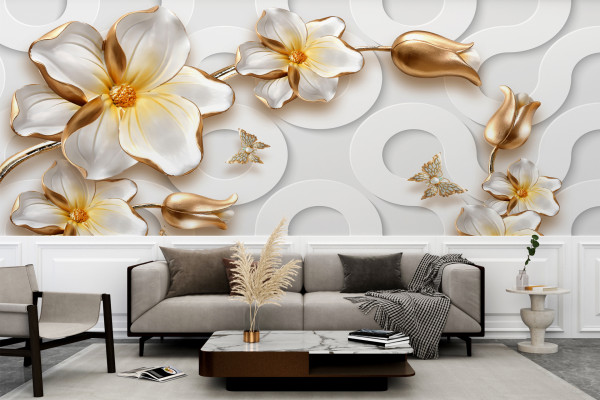 Фотообои 3D красивые цветы с элементами золота