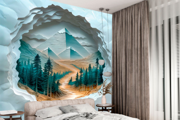 Фотошпалери 3D композиція вікно з видом на гори.