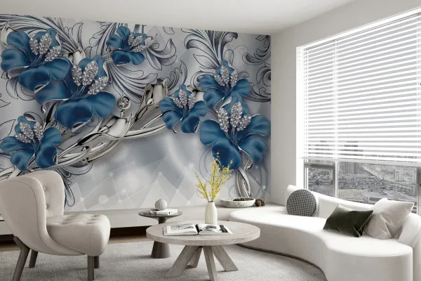 Фотошпалери 3D сині квіти з камінням