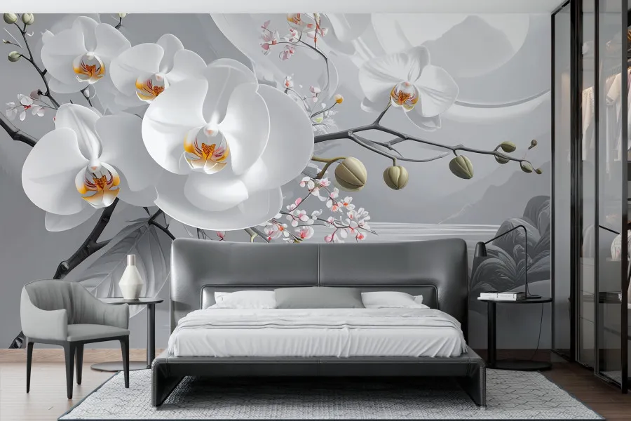 Фотошпалери білі 3D орхідеї