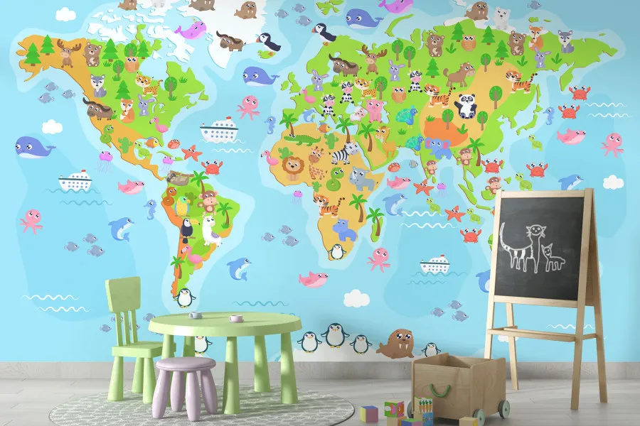 Фотошпалери дитячі карта світу з милими тваринами.