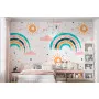 Фотошпалери дитячі патерн веселка, хмари, сонце на білому тлі.