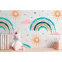 Фотошпалери дитячі патерн веселка, хмари, сонце на білому тлі.