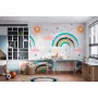 Фотошпалери дитячі патерн веселка, хмари, сонце на білому тлі.