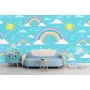 Фотошпалери дитячі патерн веселка, хмари, сонце на блакитному тлі.
