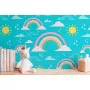 Фотошпалери дитячі патерн веселка, хмари, сонце на блакитному тлі.