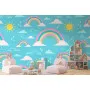 Фотошпалери дитячі патерн веселка, хмари, сонце на блакитному тлі.