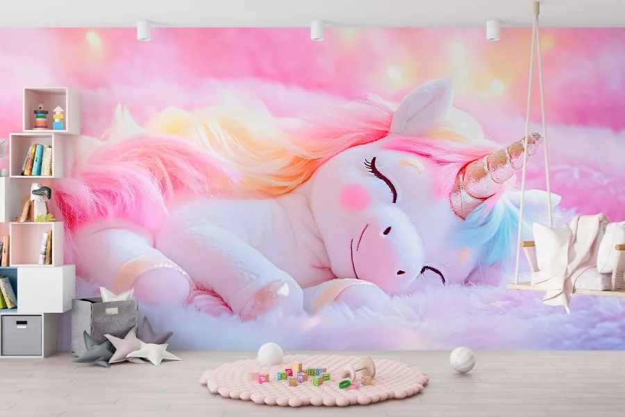 Фотошпалери дитячі єдиноріжок із райдужною гривою мирно спить на м'якому рожевому хутрі.