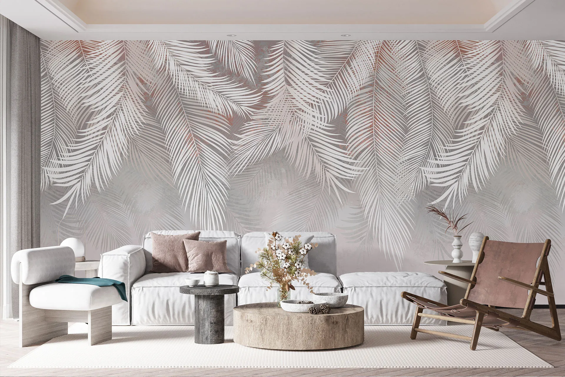 Фотошпалери листя пальми на бежевому тлі.