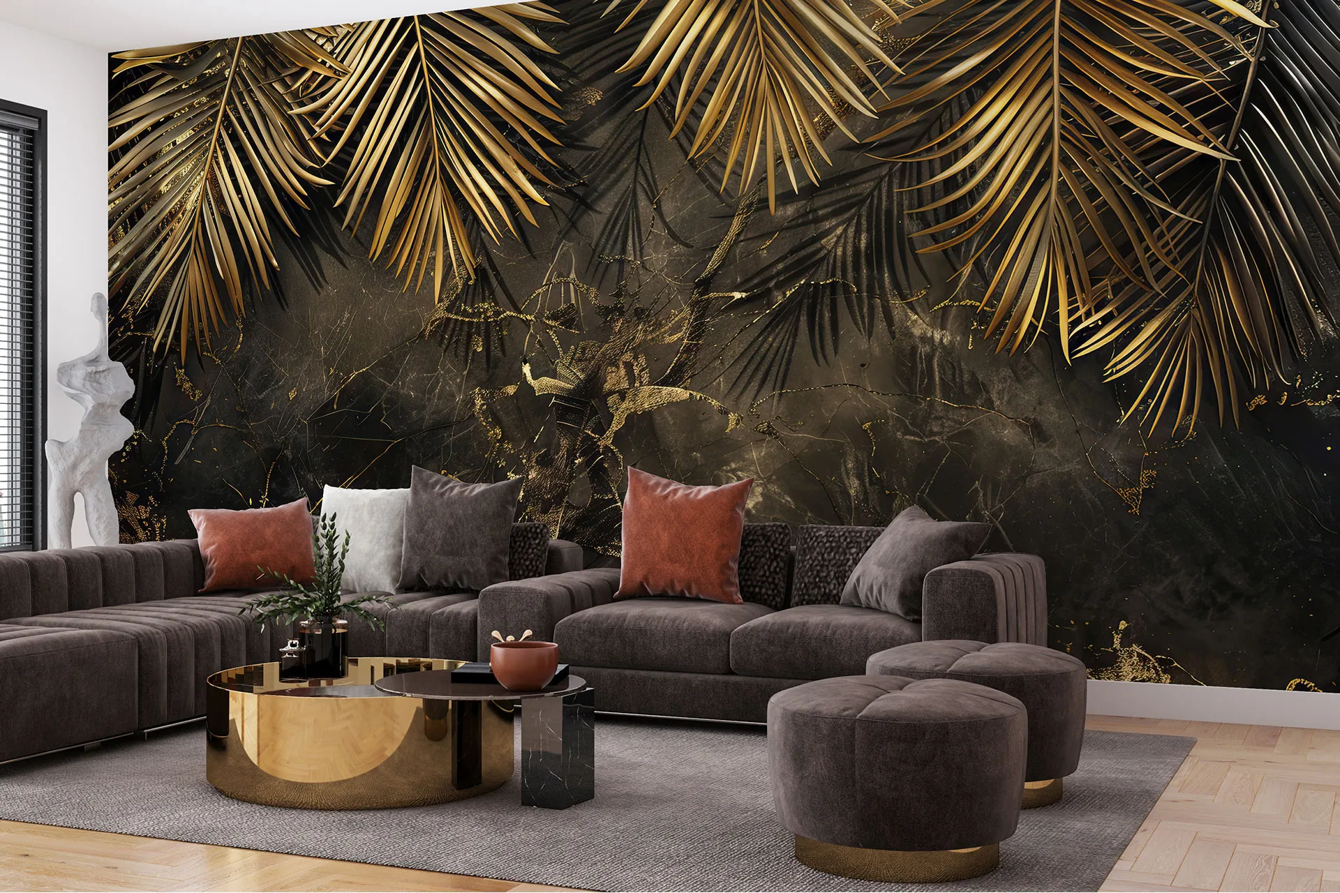 Фотошпалери пальмові гілки на мармуровому тлі. Модний креативний дизайн.