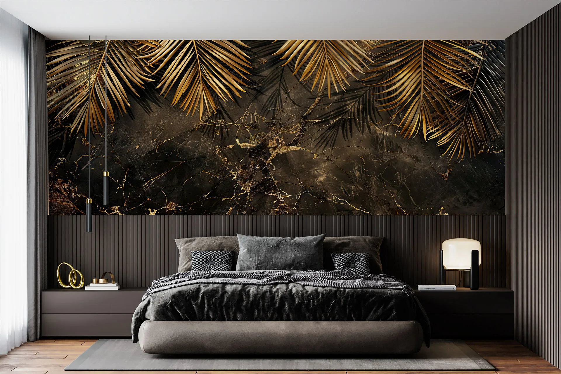Фотошпалери пальмові гілки на мармуровому тлі. Модний креативний дизайн.