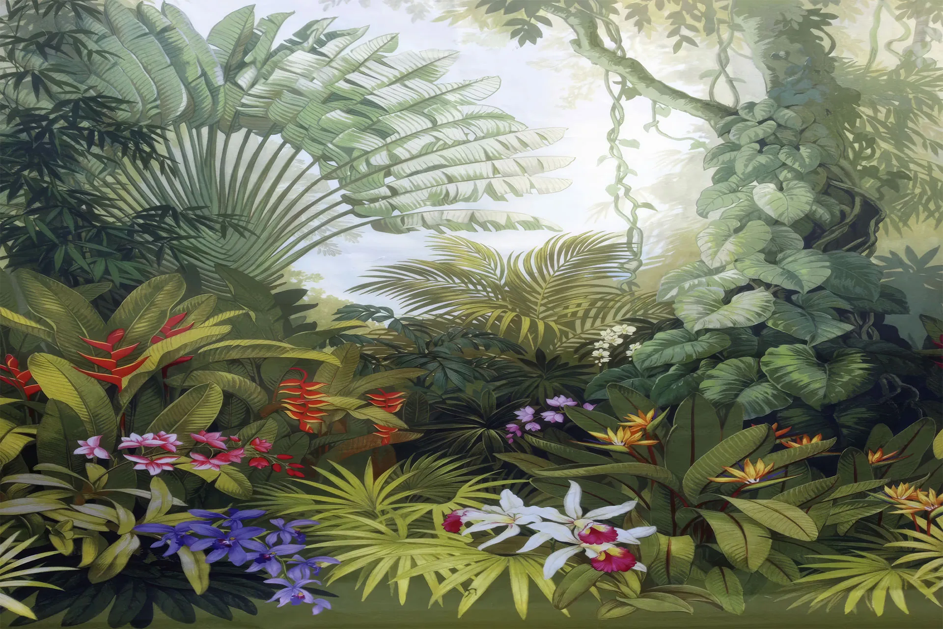 Фотошпалери тропічний дизайн з листям і квітами.