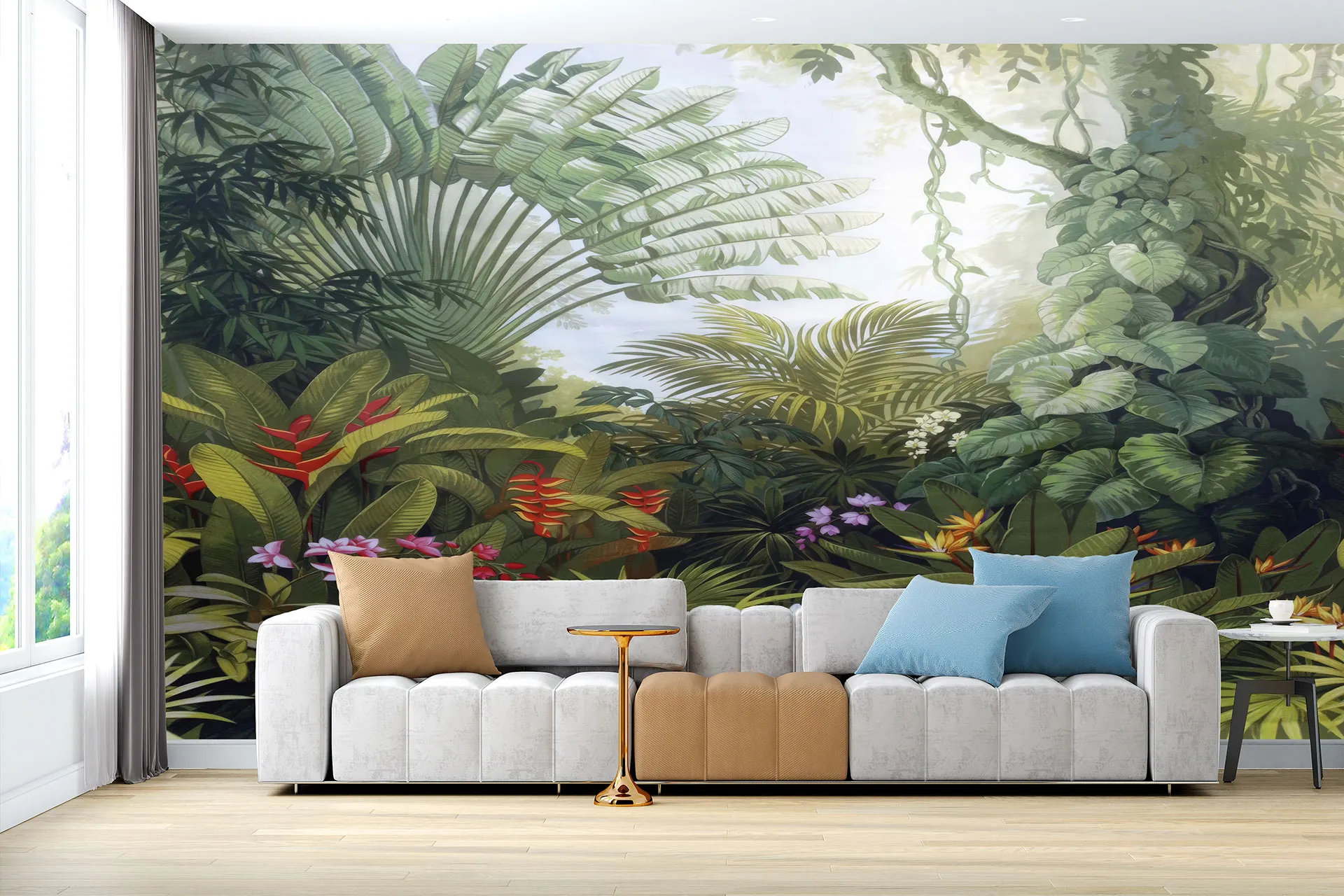 Фотошпалери тропічний дизайн з листям і квітами.