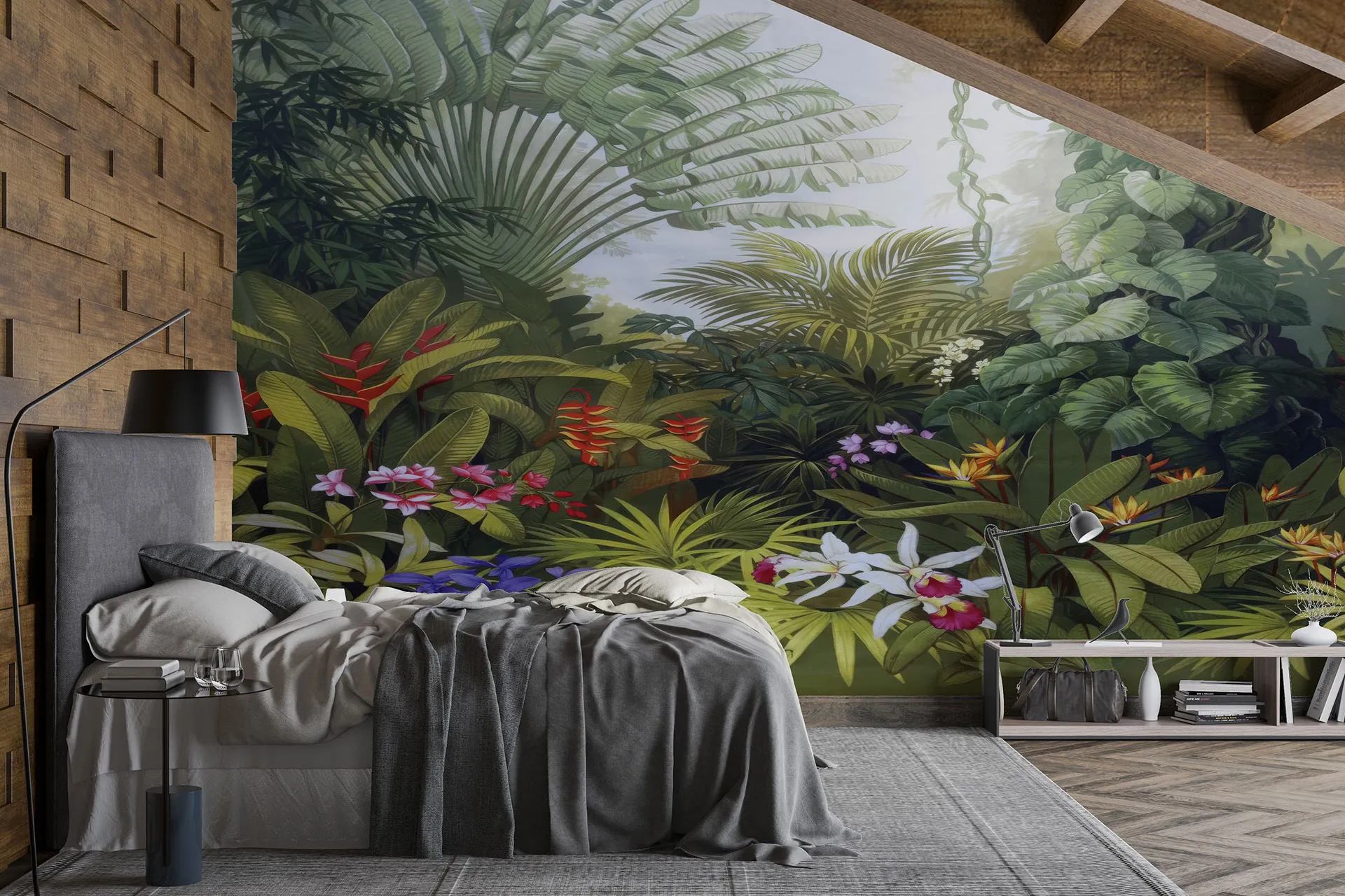 Фотошпалери тропічний дизайн з листям і квітами.