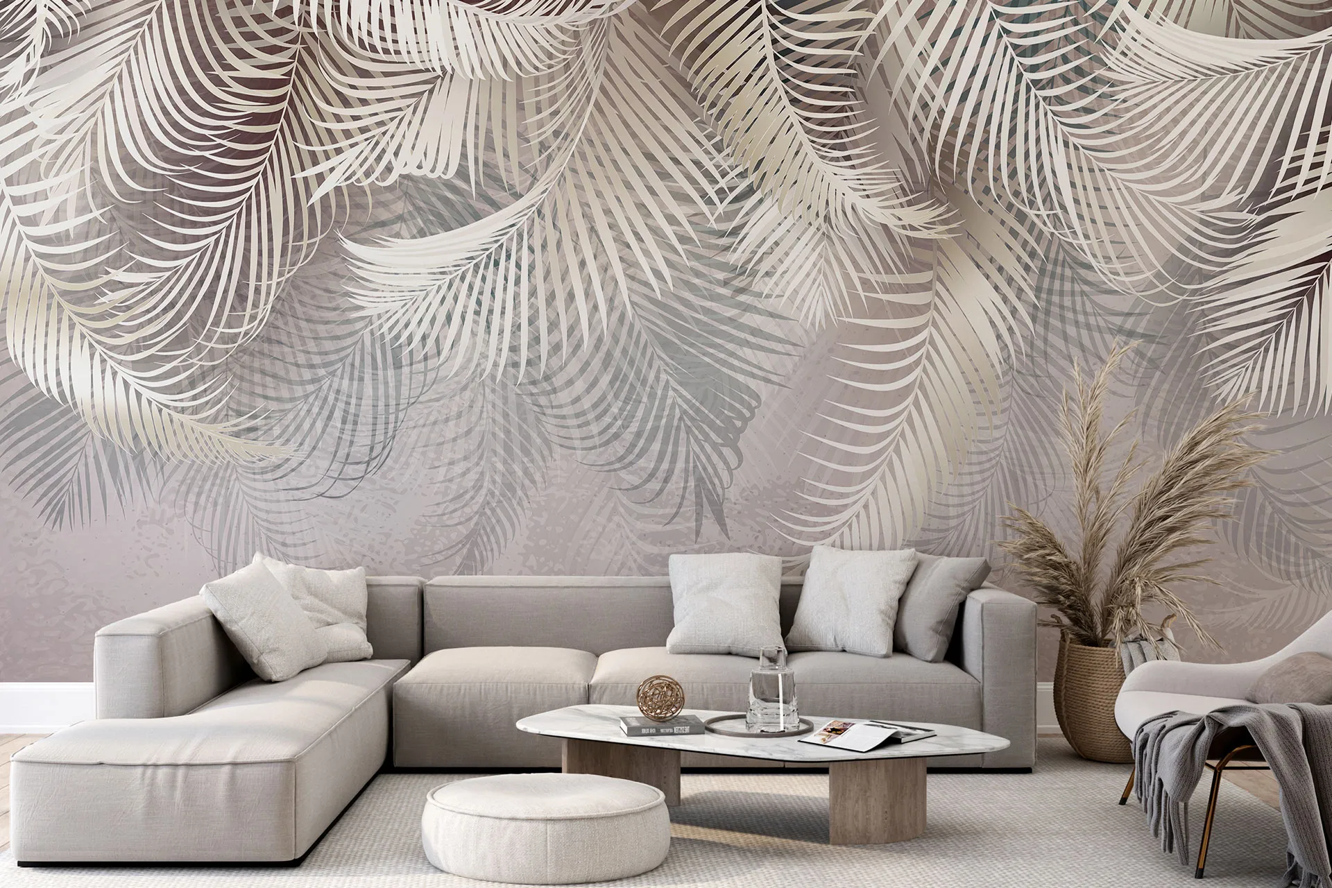 Фотошпалери листя пальми з рожевим відтінком на бежевому тлі.