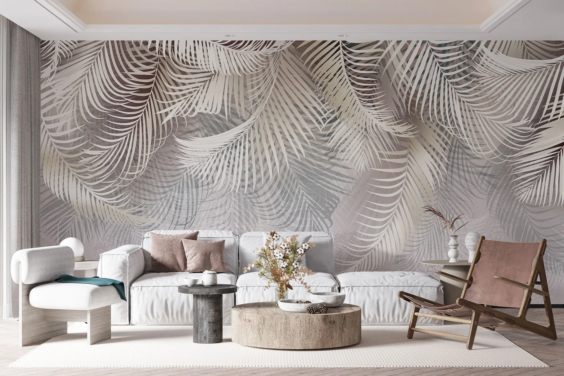 Фотошпалери листя пальми з рожевим відтінком на бежевому тлі.