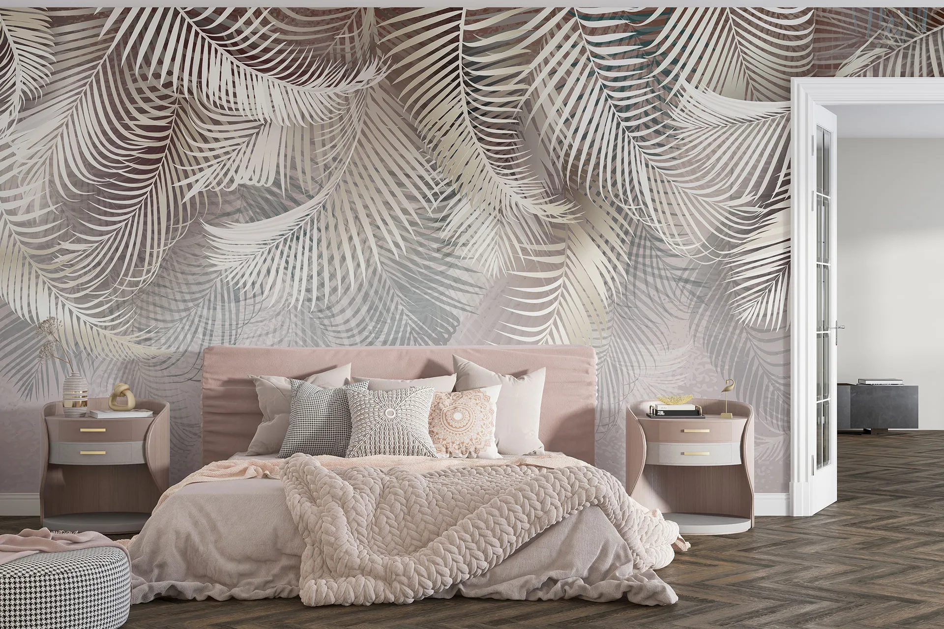 Фотошпалери листя пальми з рожевим відтінком на бежевому тлі.