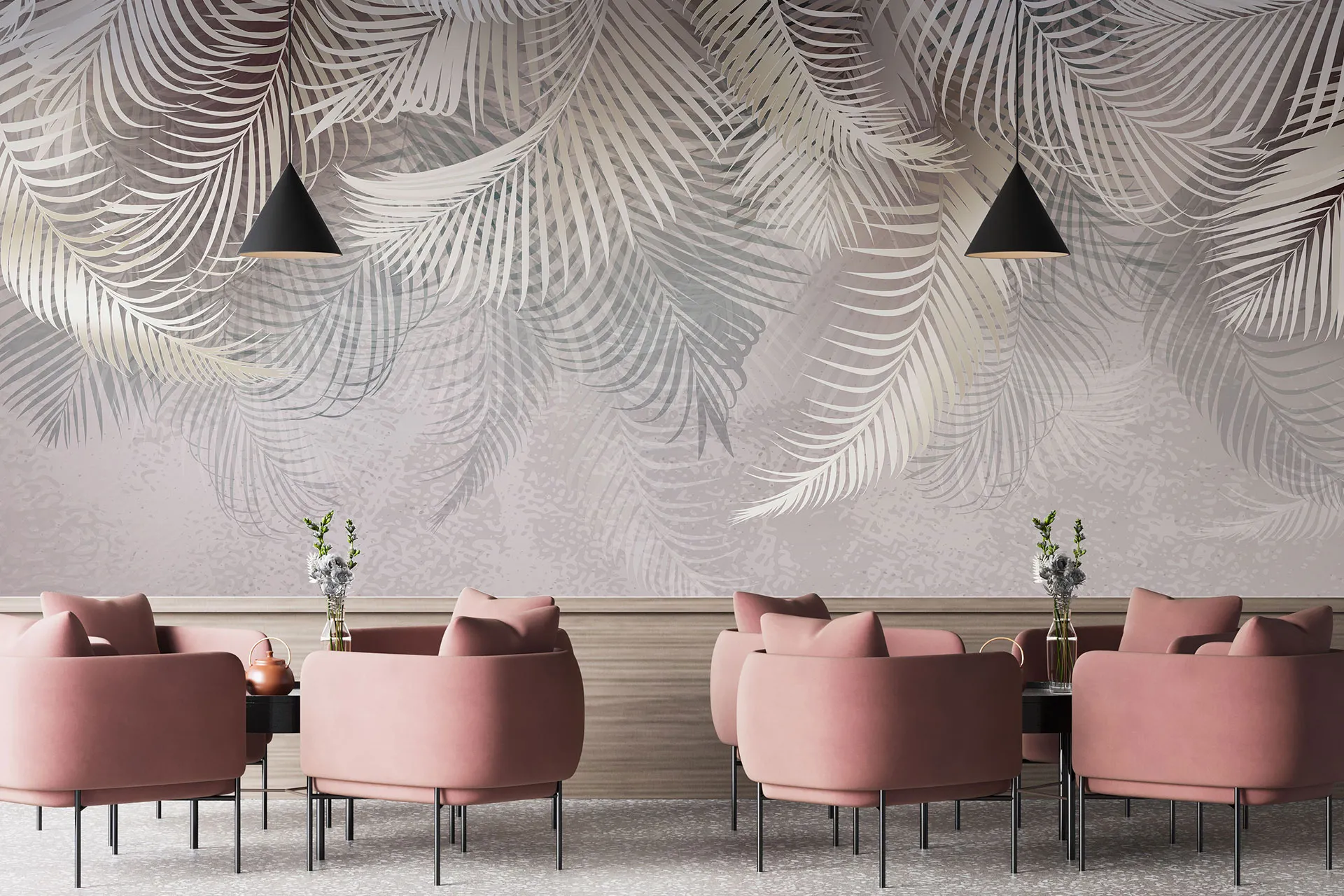 Фотошпалери листя пальми з рожевим відтінком на бежевому тлі.