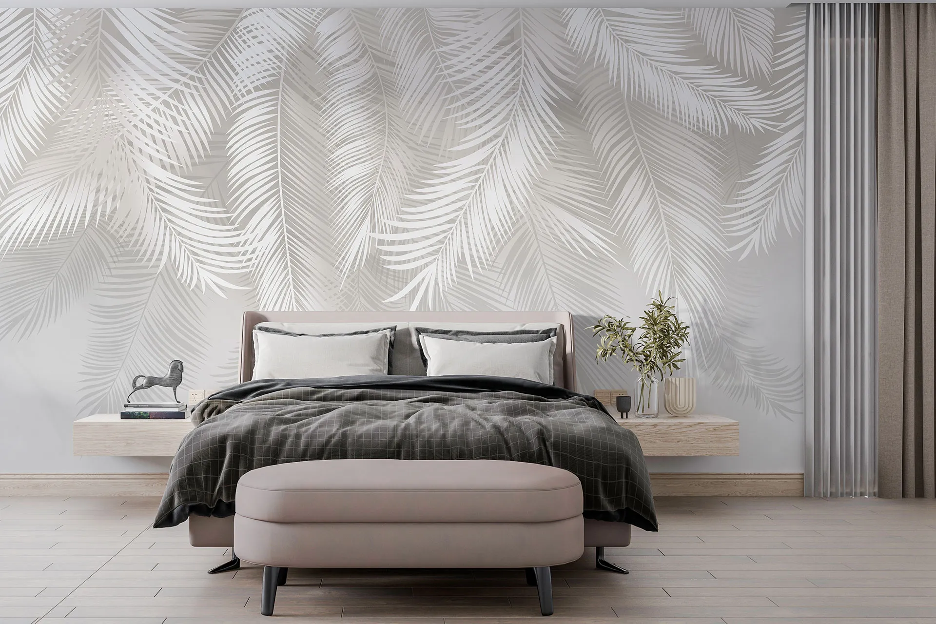 Фотошпалери світло сірі пальмові гілки.