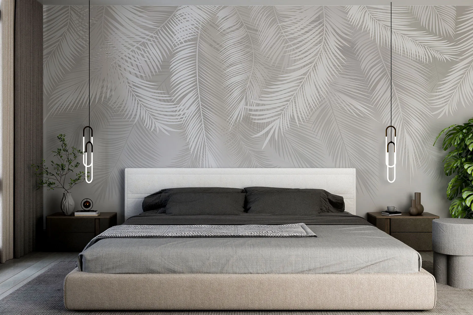 Фотошпалери світло сірі пальмові гілки.