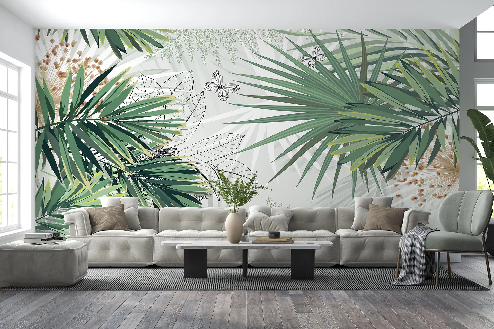 Фотошпалери малюнок дизайну з тропічного листя і метеликів.