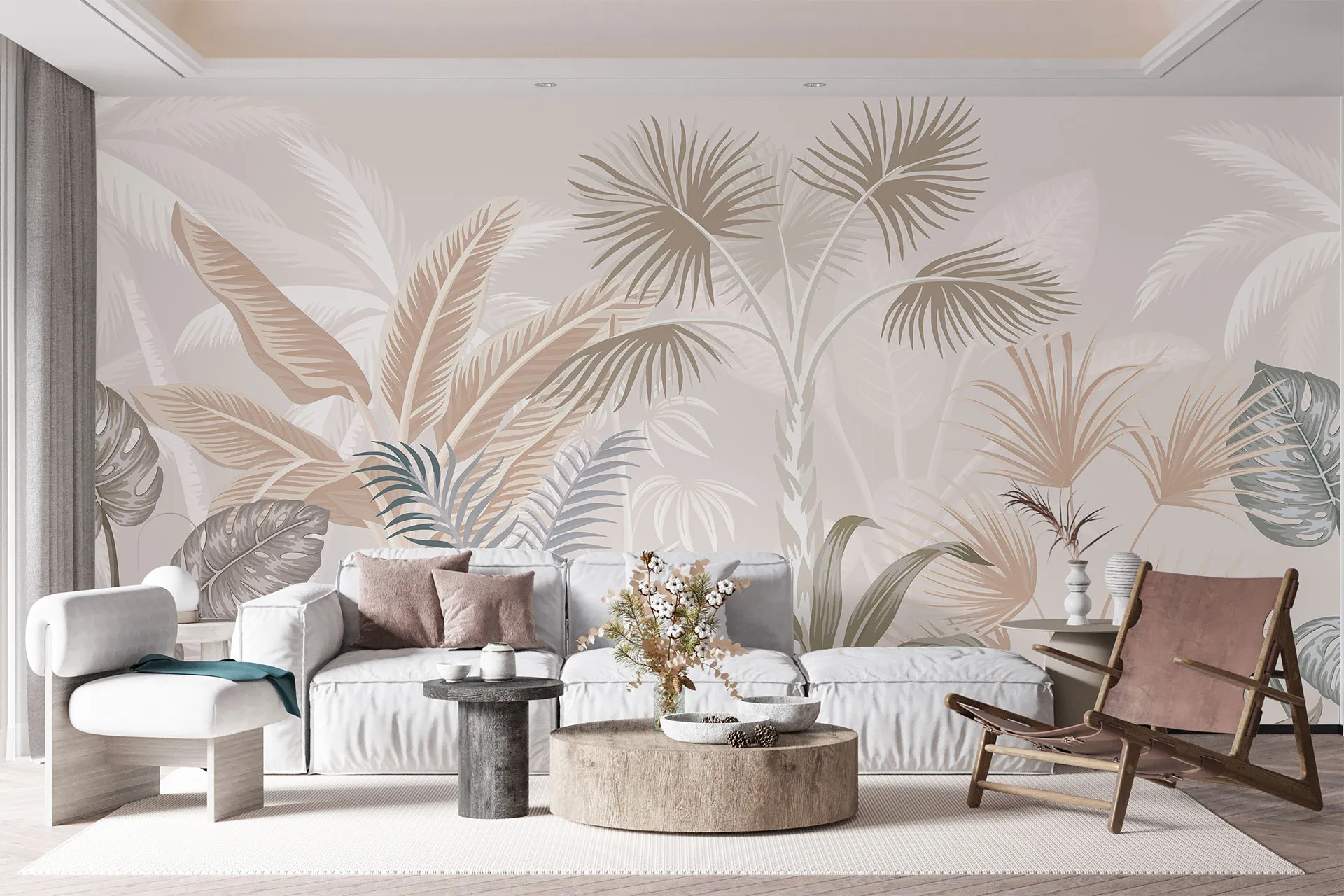 Фотошпалери намальований дизайн із тропічними рослинами.