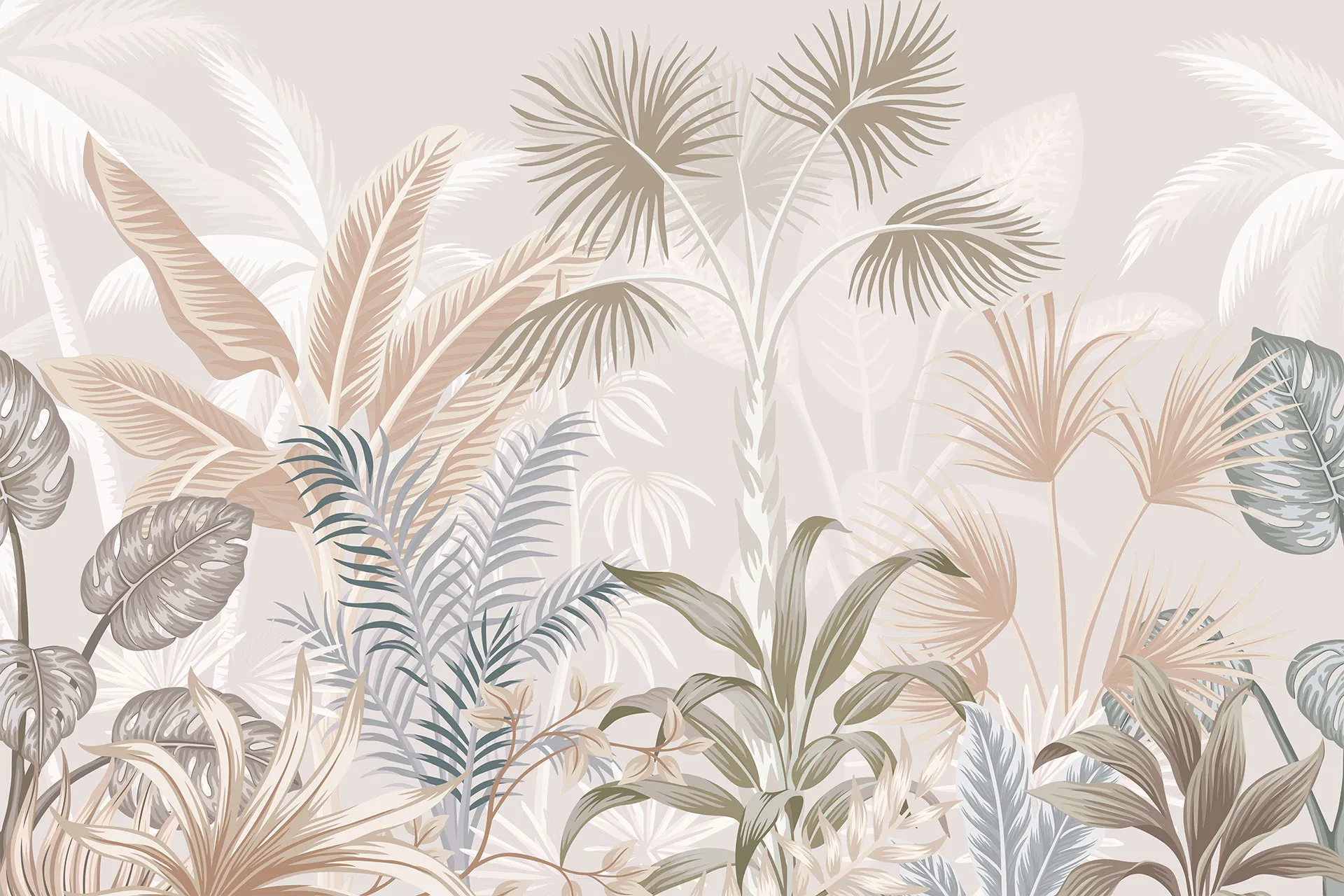 Фотошпалери намальований дизайн із тропічними рослинами.