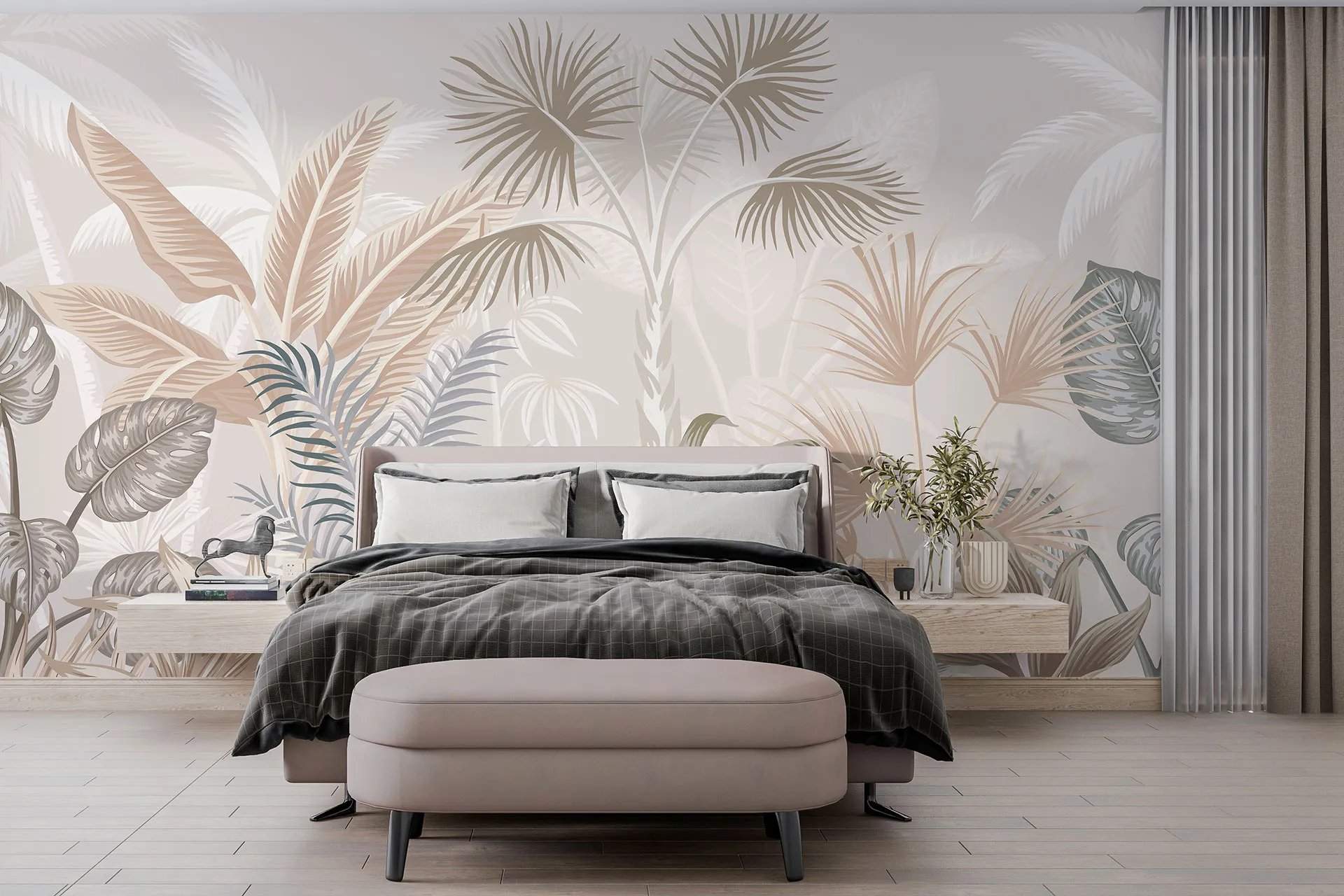 Фотошпалери намальований дизайн із тропічними рослинами.