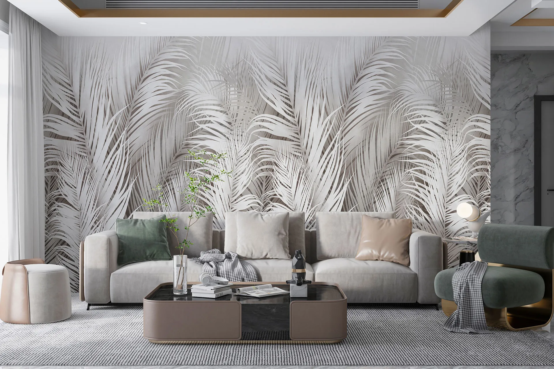 Фотошпалери чорнобілий дизайн із пальмовими гілками.