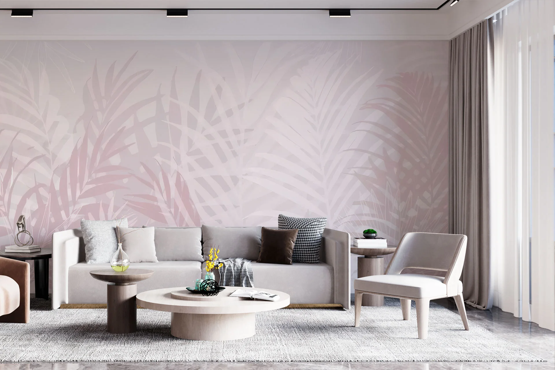 Фотошпалери тропічні листя в ніжно-рожевому