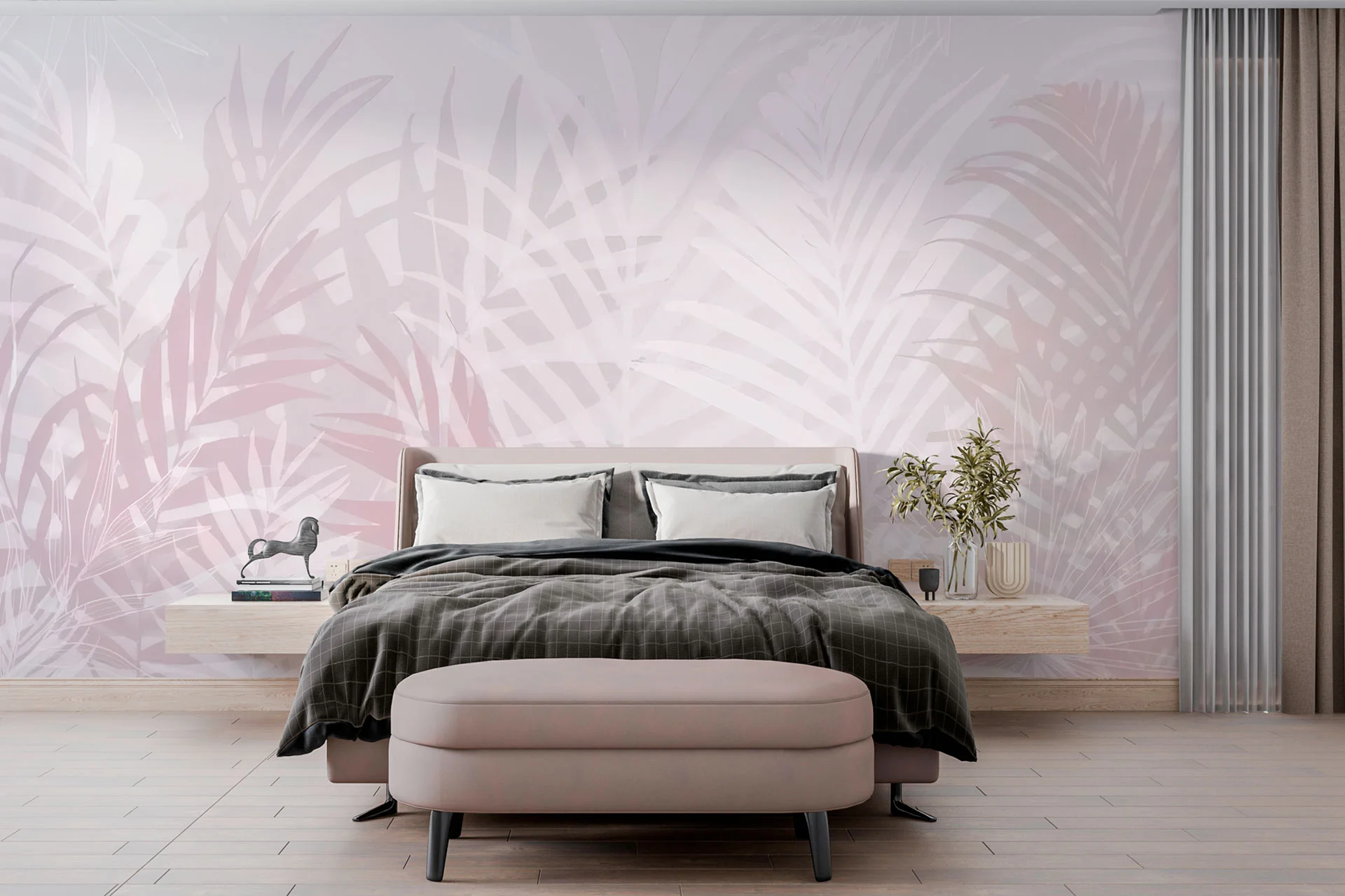 Фотошпалери тропічні листя в ніжно-рожевому