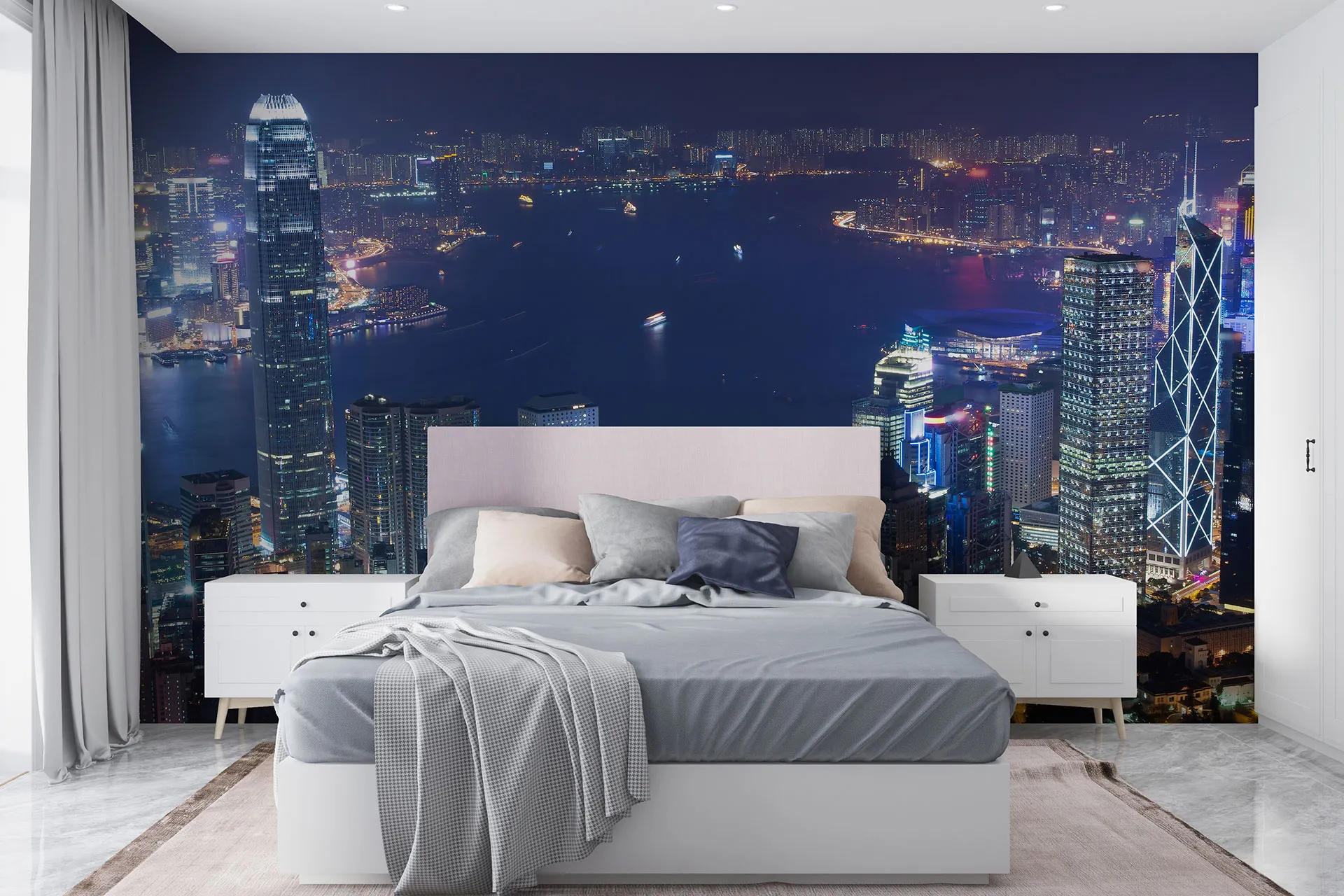 Фотошпалери сучасне місто вночі, вид з висоти.