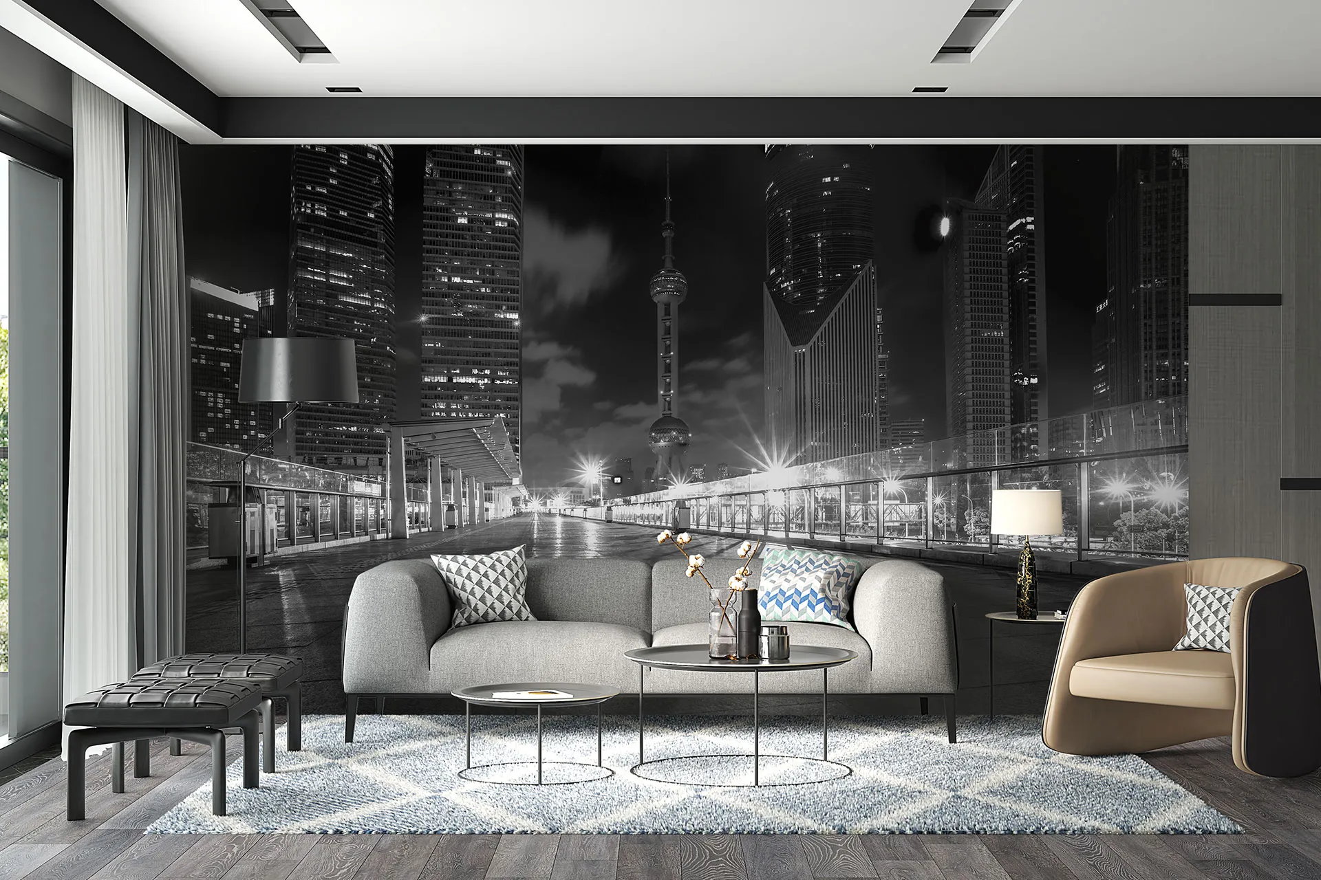 Фотошпалери пустельна вулиця нічного мегаполісу. Чорно білий дизайн.