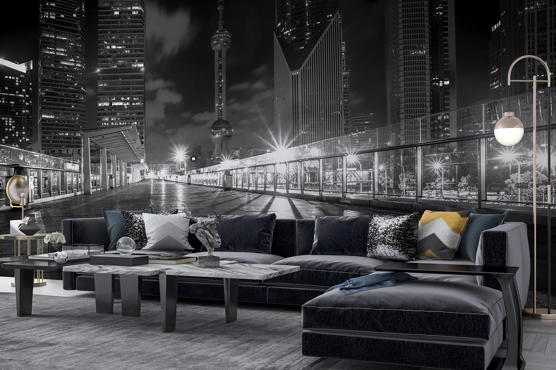 Фотошпалери пустельна вулиця нічного мегаполісу. Чорно білий дизайн.