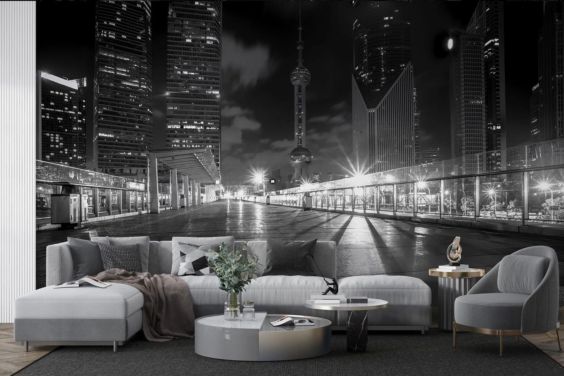 Фотошпалери пустельна вулиця нічного мегаполісу. Чорно білий дизайн.