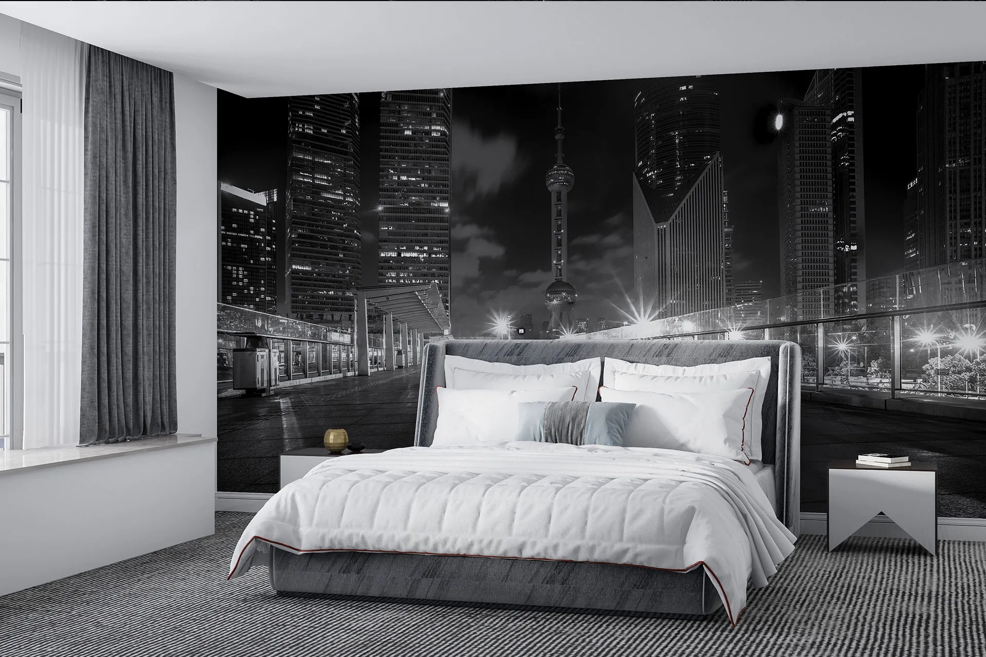 Фотошпалери пустельна вулиця нічного мегаполісу. Чорно білий дизайн.