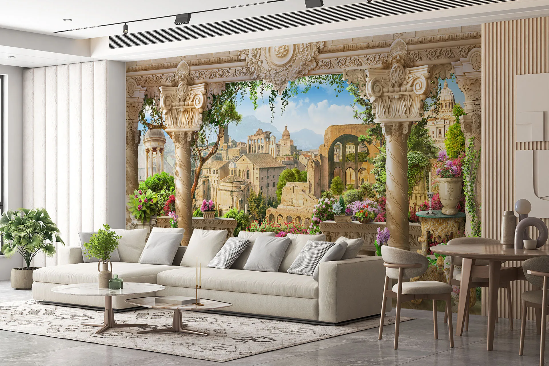 Фотошпалери фреска з видом на місто в античному стилі.