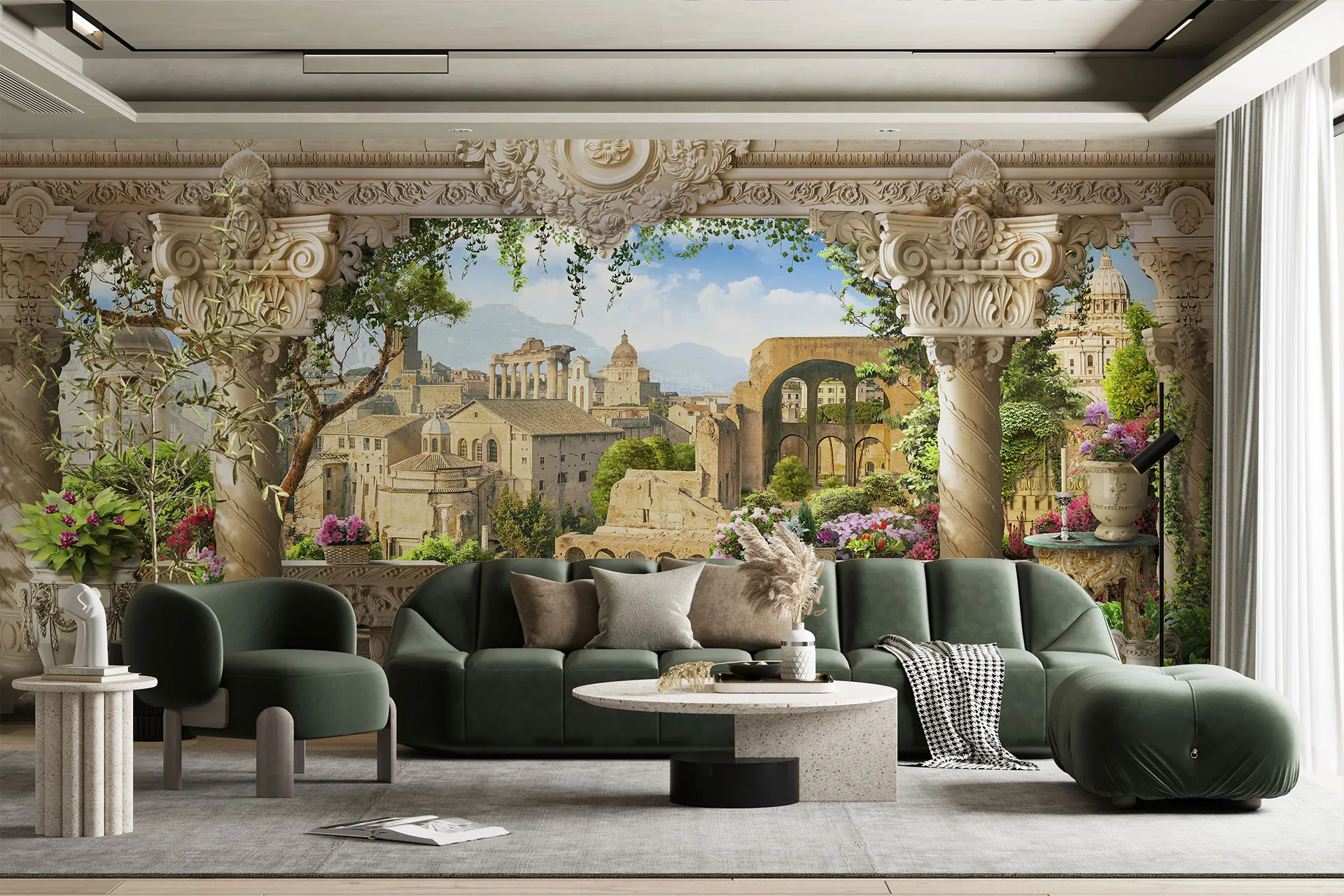 Фотошпалери фреска з видом на місто в античному стилі.