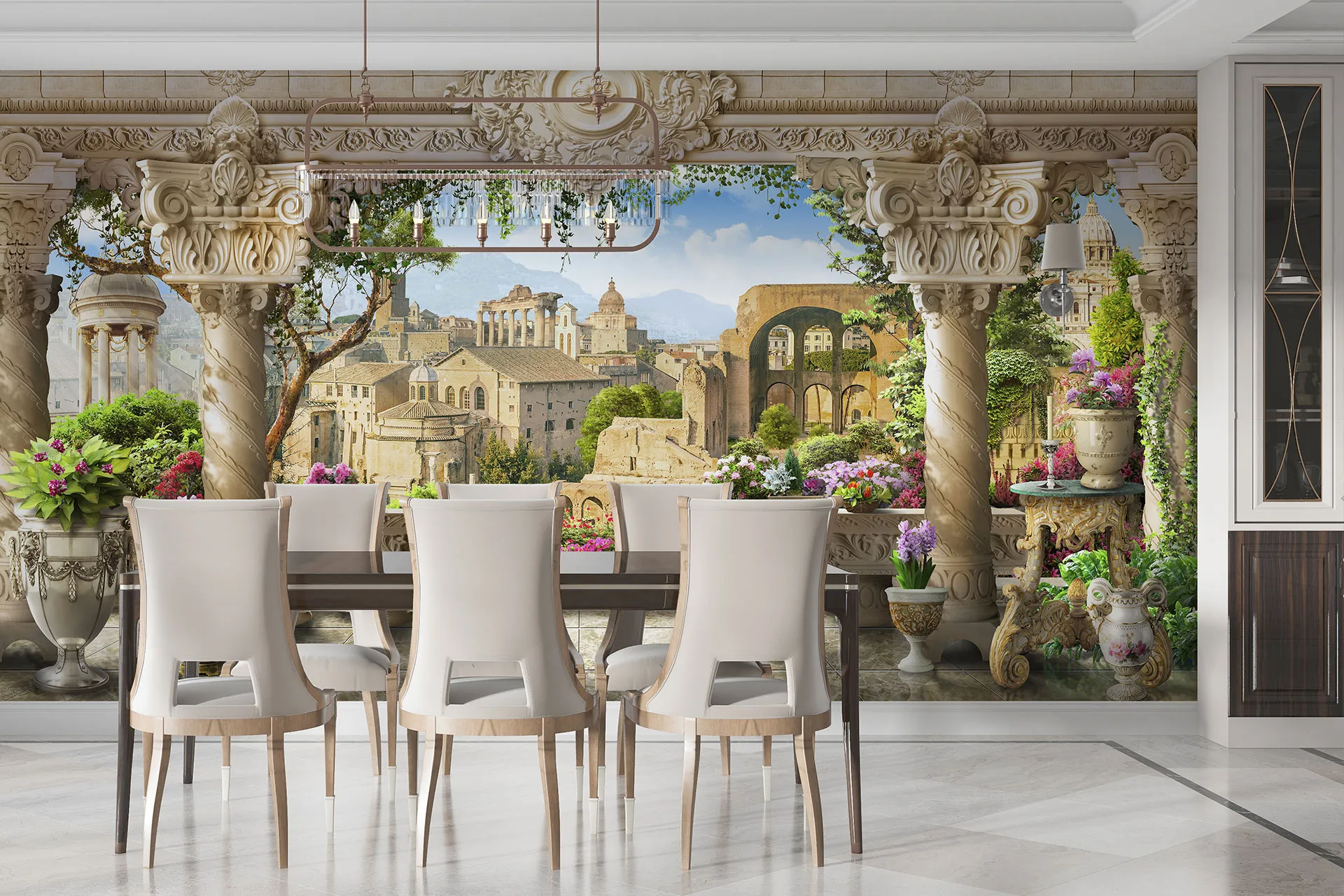 Фотошпалери фреска з видом на місто в античному стилі.