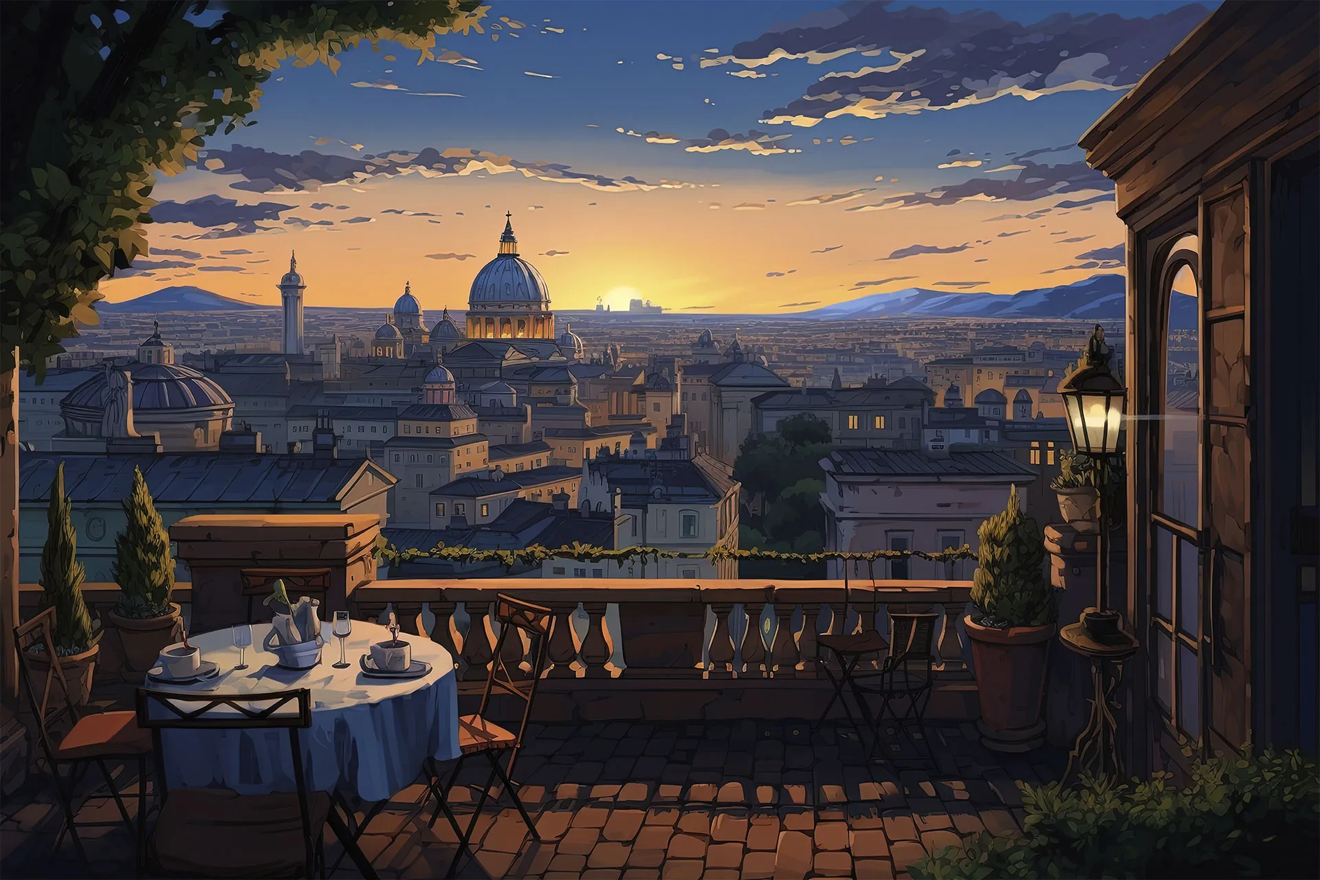 Фотошпалери прекрасний вид на старе місто на заході сонця.