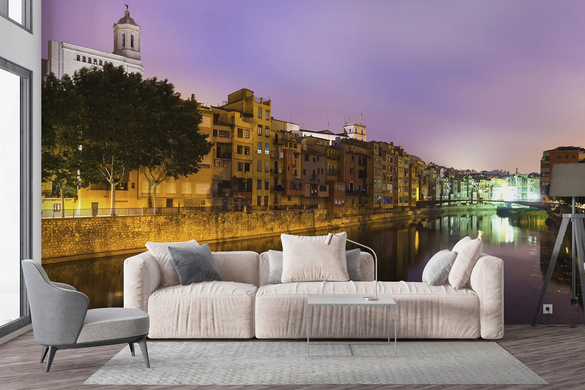 Фотошпалери прекрасний вид з води на вечірнє старе місто. Жирона.