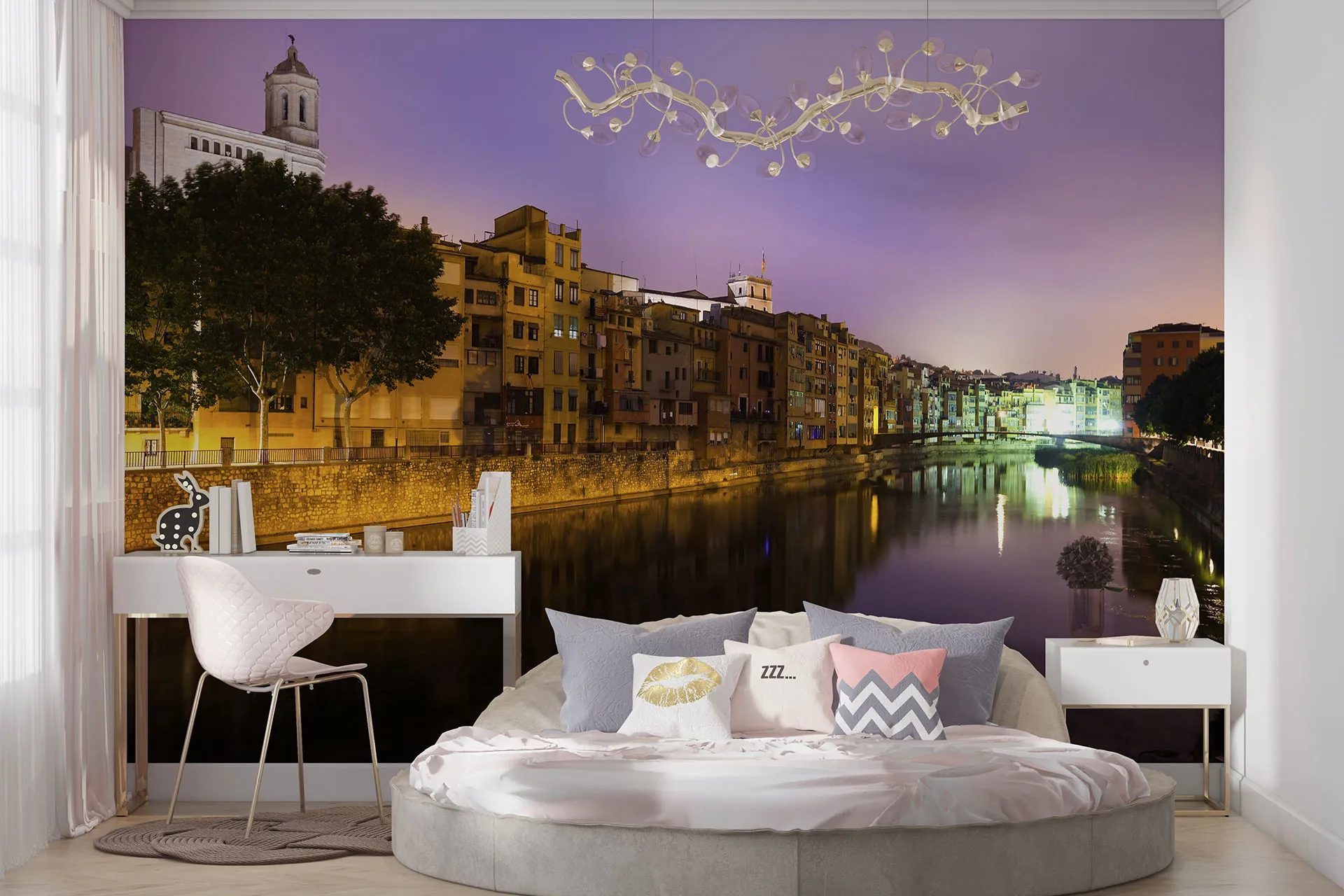 Фотошпалери прекрасний вид з води на вечірнє старе місто. Жирона.
