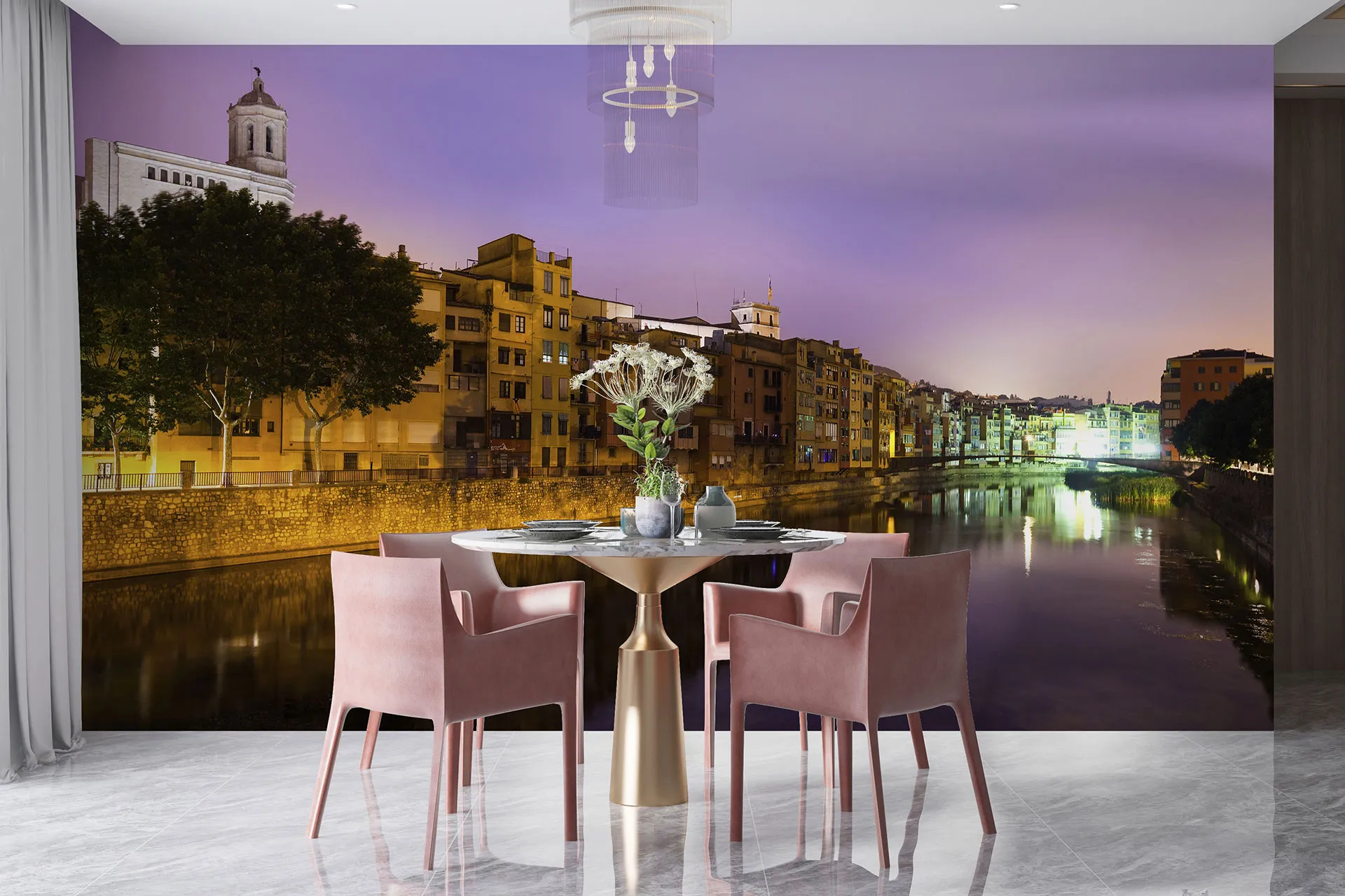 Фотошпалери прекрасний вид з води на вечірнє старе місто. Жирона.