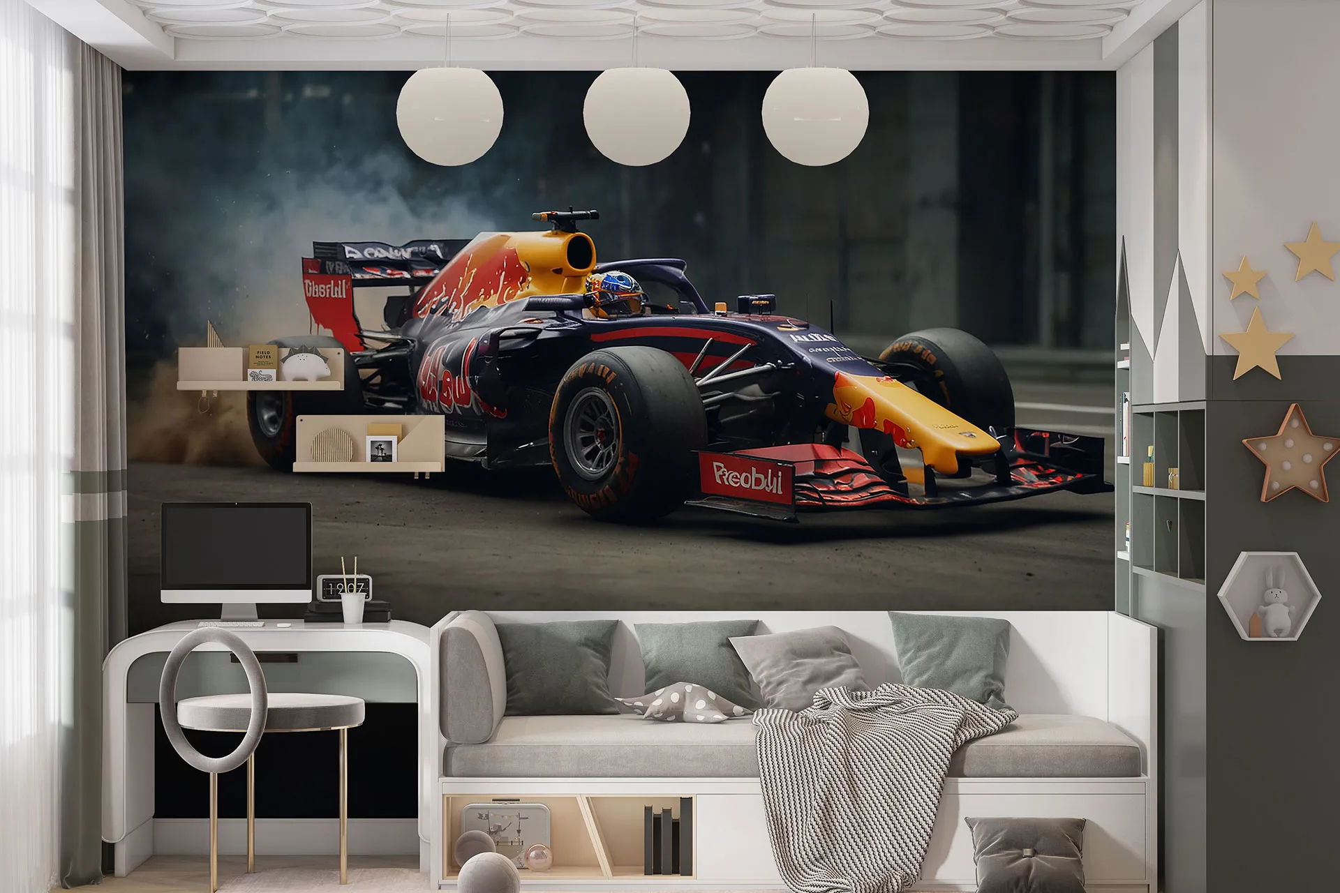 Фотошпалери червоний болід формули 1 у русі.